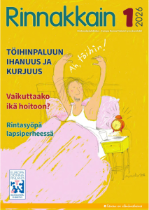 Rintasyöpäyhdistyksen Rinnakkain-lehden vuoden 2026 ensimmäisen numeron kansi, jossa piirretyssä kuvituskuvassa, keltaisella taustalla henkilö venyttelee aamulla sängyssä herätyskellon soitua.