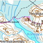 Kartta, jossa näkyy reitti Sääksjärventien parkkipaikalta Ammejärven laavulle Lempäälässä.