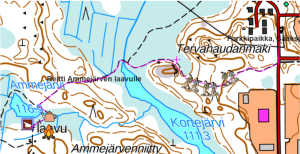 Kartta, jossa näkyy reitti Sääksjärventien parkkipaikalta Ammejärven laavulle Lempäälässä.
